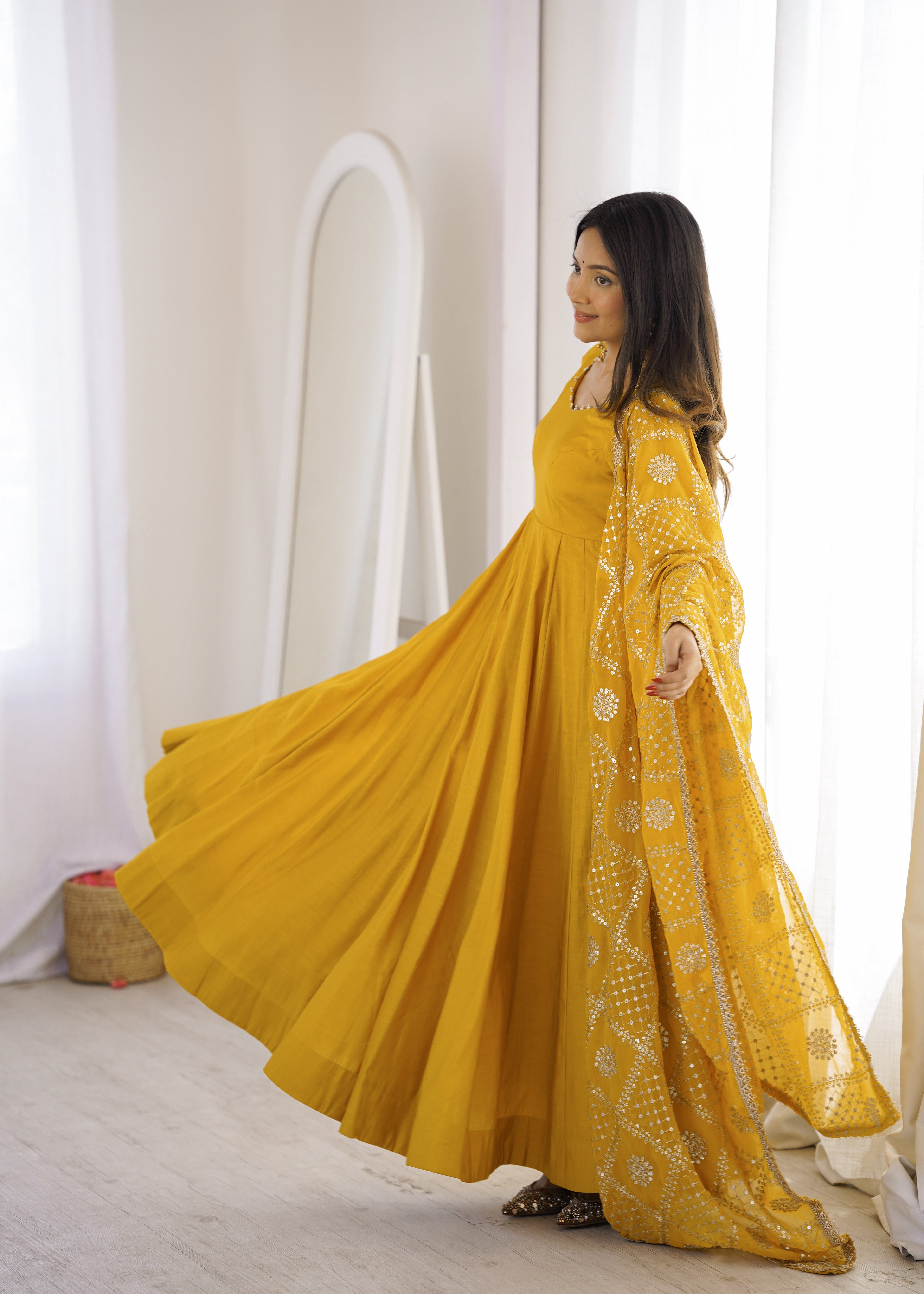 DESIGNER YELLOW ROMAN SILK CHANDERI 16 KALI ANARKALI GOWN WITH EMBROIDERED DUPATTA