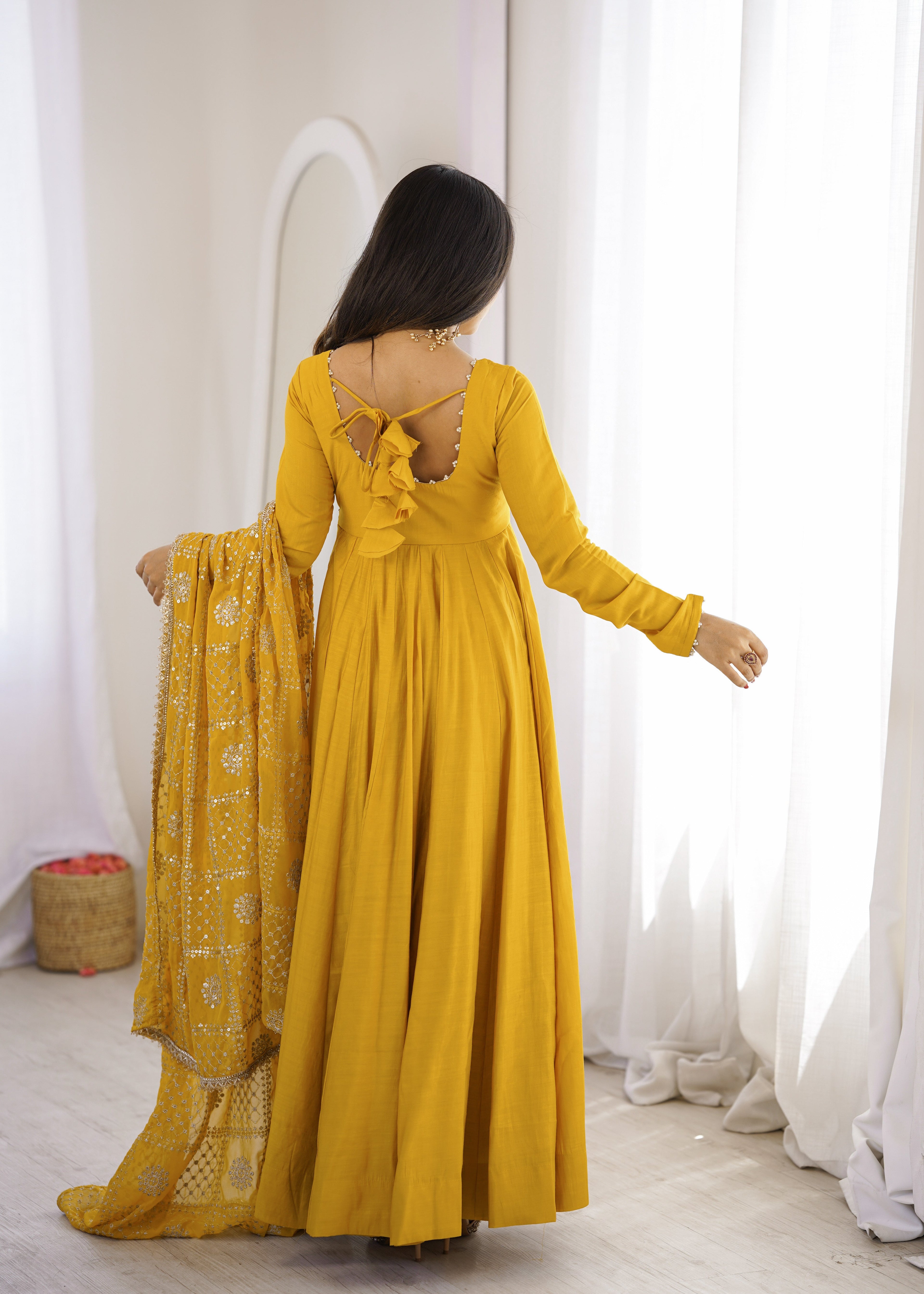 DESIGNER YELLOW ROMAN SILK CHANDERI 16 KALI ANARKALI GOWN WITH EMBROIDERED DUPATTA