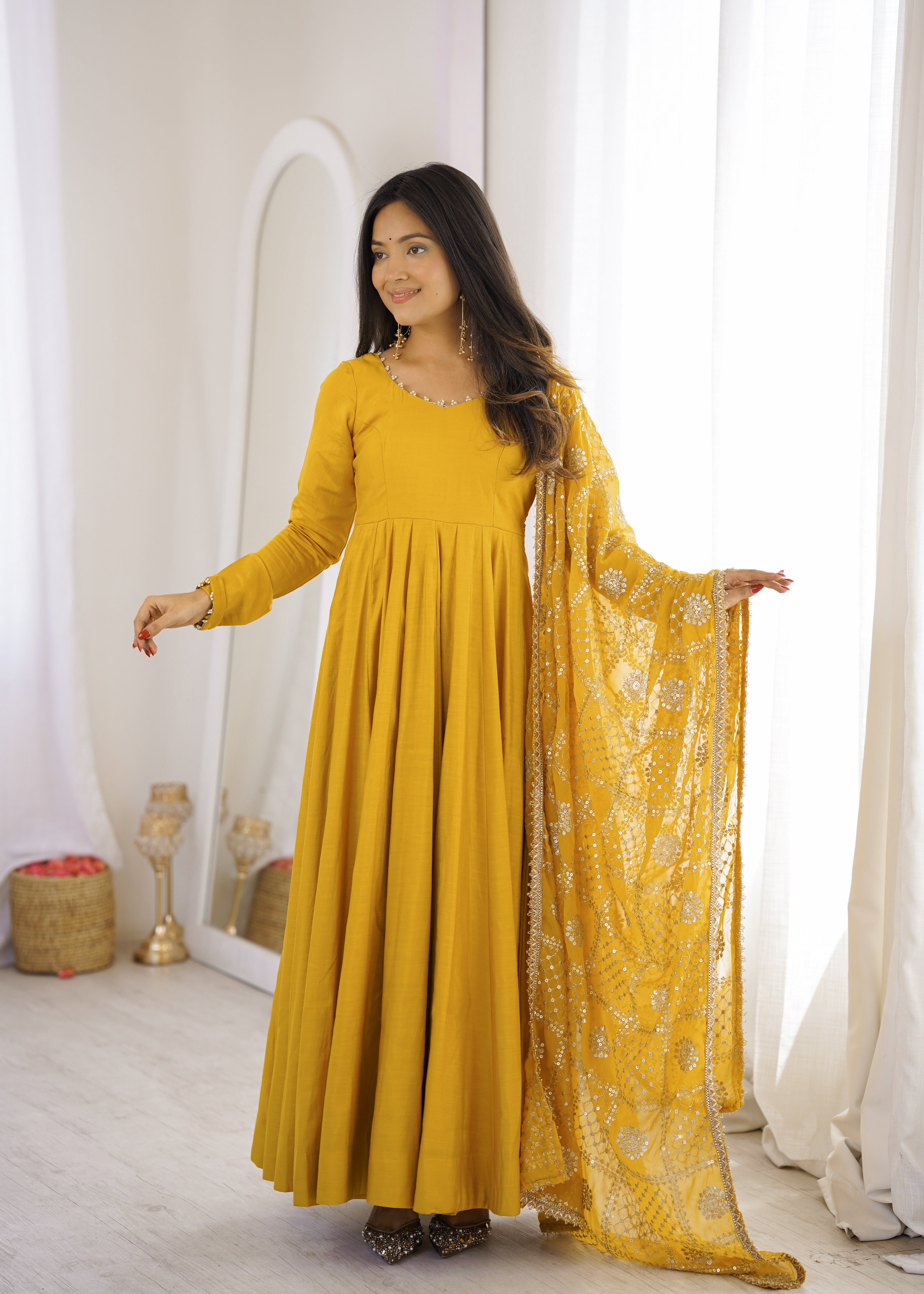 DESIGNER YELLOW ROMAN SILK CHANDERI 16 KALI ANARKALI GOWN WITH EMBROIDERED DUPATTA