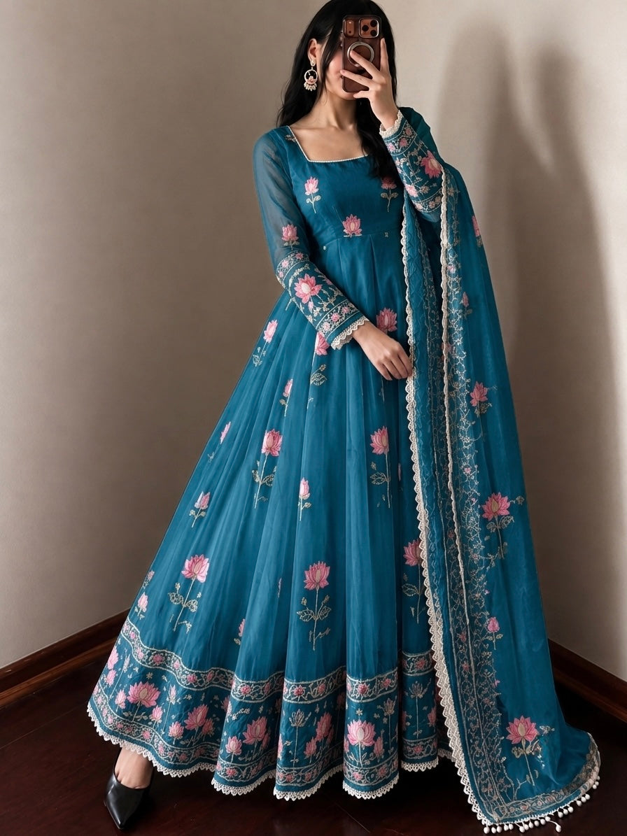 PEACOCK BLUE FLORAL FENDY SILK BASE EMBROIDERED FLARED ANARKALI SUIT SET