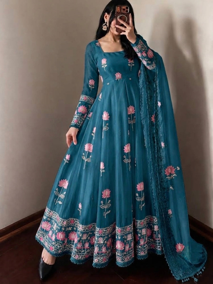 PEACOCK BLUE FLORAL FENDY SILK BASE EMBROIDERED FLARED ANARKALI SUIT SET