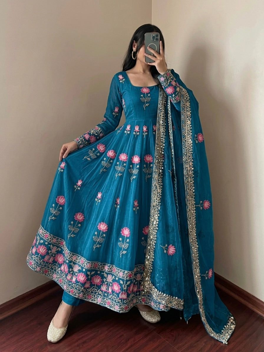 PEACOCK BLUE FLORAL FENDY SILK BASE EMBROIDERED FLARED ANARKALI SUIT SET