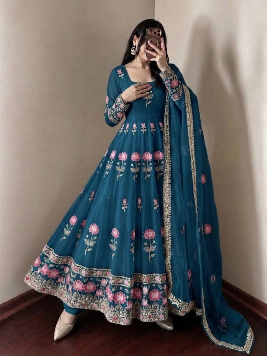 PEACOCK BLUE FLORAL FENDY SILK BASE EMBROIDERED FLARED ANARKALI SUIT SET