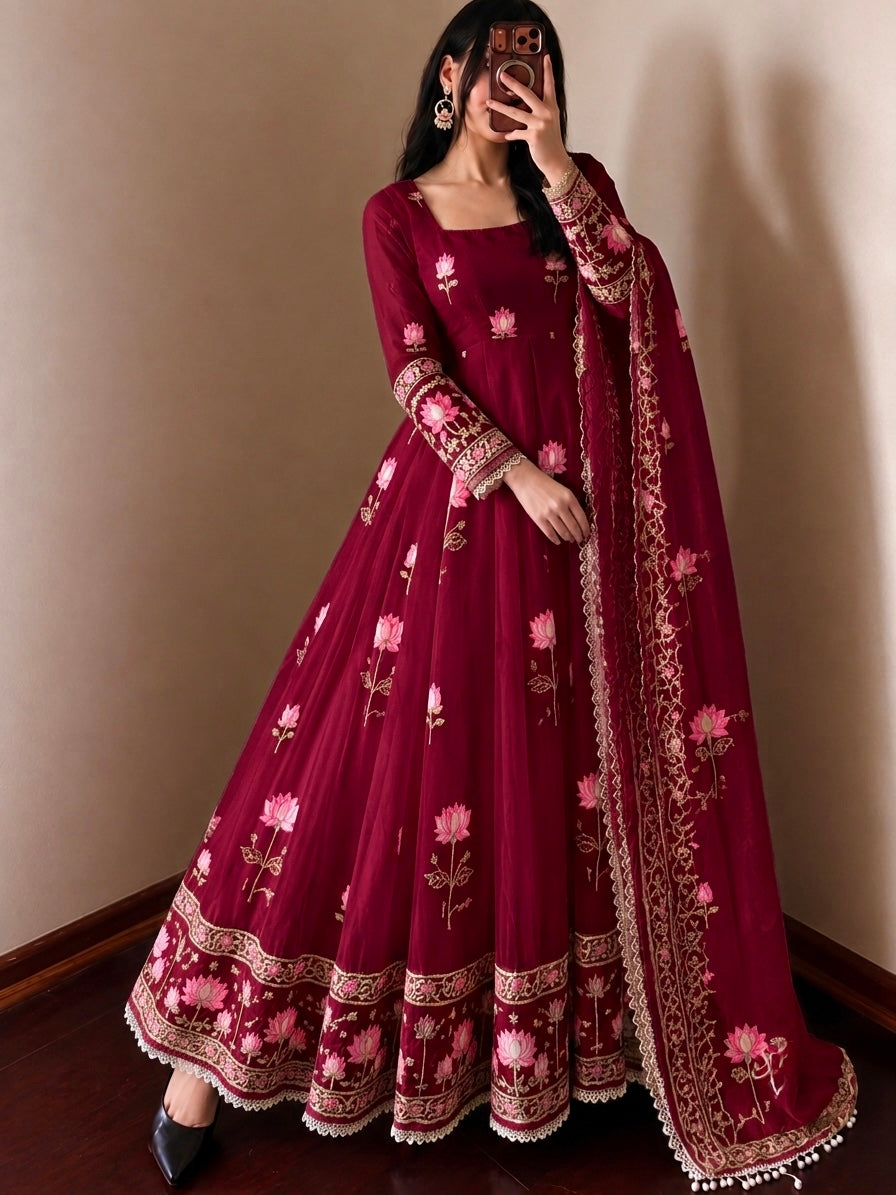 MAROON FLORAL FENDY SILK BASE EMBROIDERED FLARED ANARKALI SUIT SET