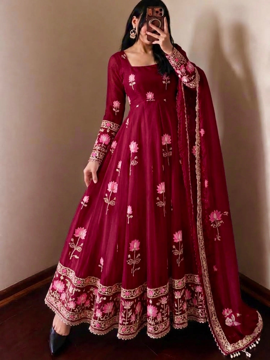 MAROON FLORAL FENDY SILK BASE EMBROIDERED FLARED ANARKALI SUIT SET