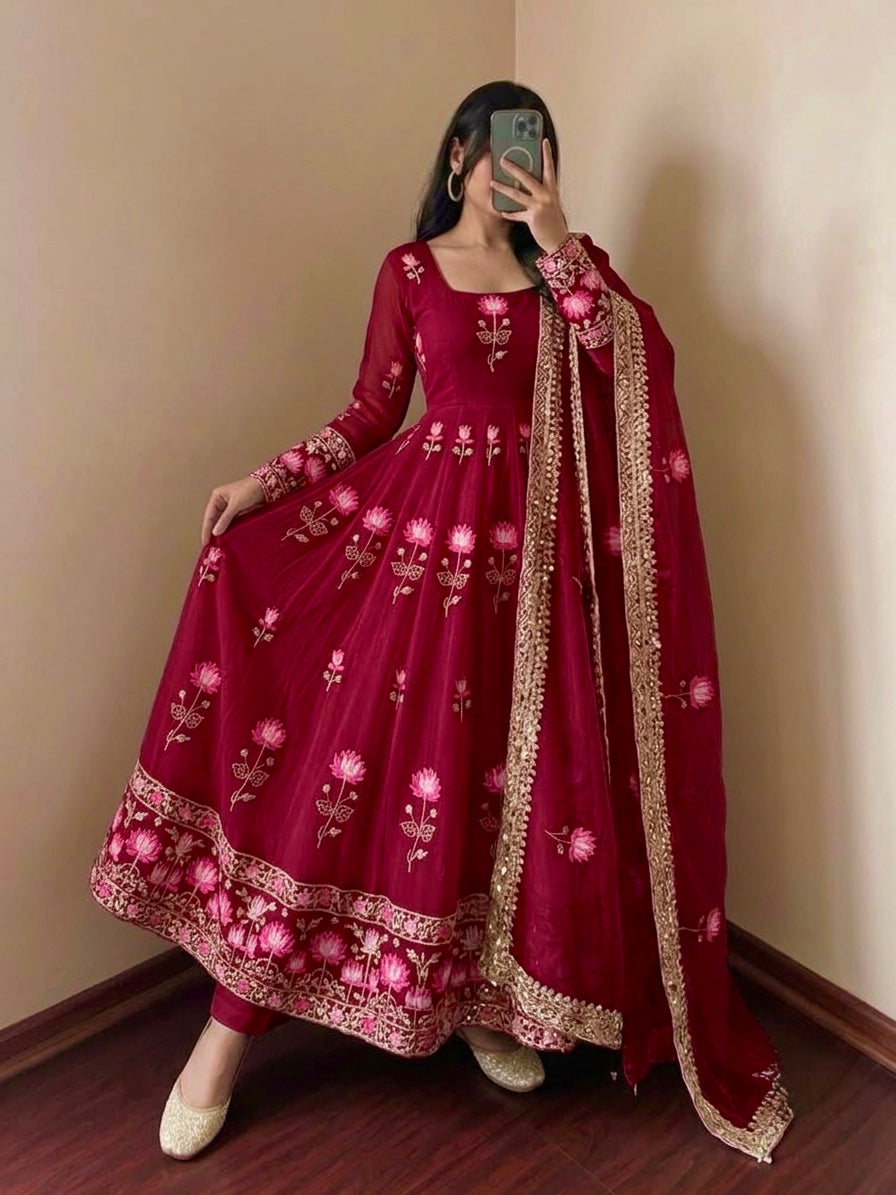 MAROON FLORAL FENDY SILK BASE EMBROIDERED FLARED ANARKALI SUIT SET