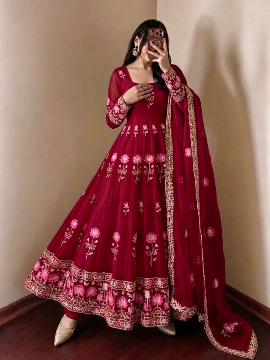MAROON FLORAL FENDY SILK BASE EMBROIDERED FLARED ANARKALI SUIT SET