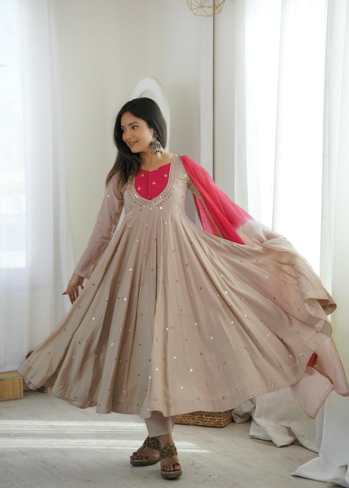 BEIGE & BRIGHT PINK EMBELLISHED ANARKALI SUIT SET