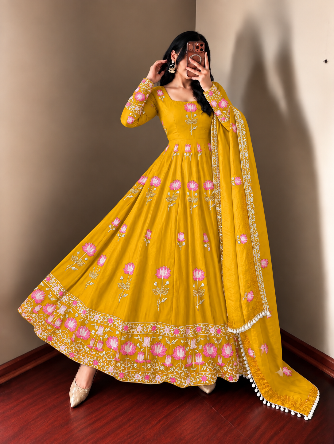 YELLOW FLORAL FENDY SILK BASE EMBROIDERED FLARED ANARKALI SUIT SET