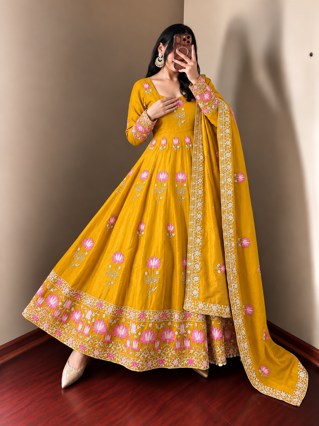 YELLOW FLORAL FENDY SILK BASE EMBROIDERED FLARED ANARKALI SUIT SET