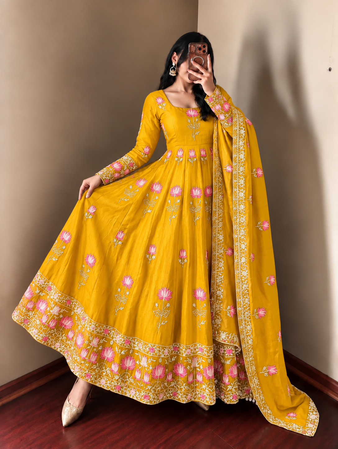 YELLOW FLORAL FENDY SILK BASE EMBROIDERED FLARED ANARKALI SUIT SET