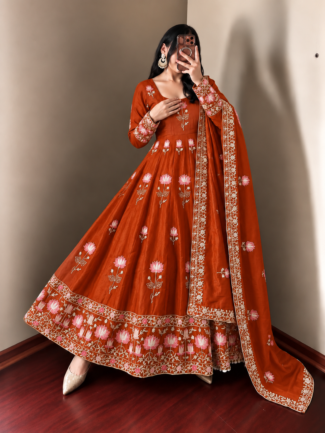 RUST ORANGE FLORAL FENDY SILK BASE EMBROIDERED FLARED ANARKALI SUIT SET