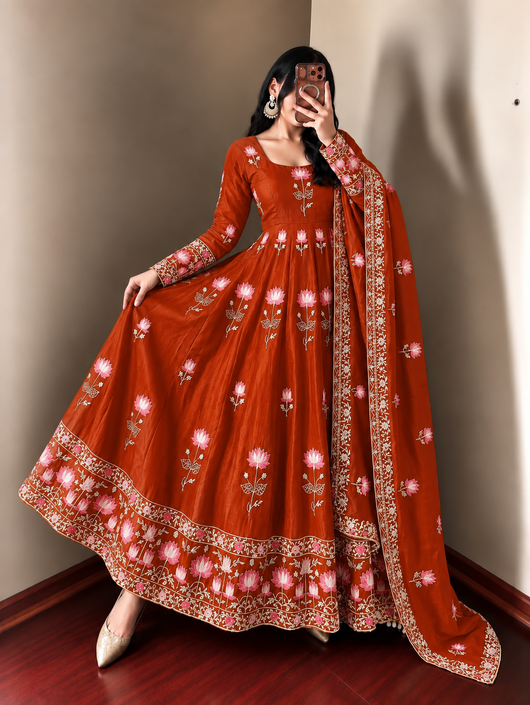 RUST ORANGE FLORAL FENDY SILK BASE EMBROIDERED FLARED ANARKALI SUIT SET