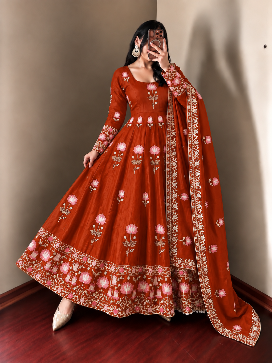 RUST ORANGE FLORAL FENDY SILK BASE EMBROIDERED FLARED ANARKALI SUIT SET