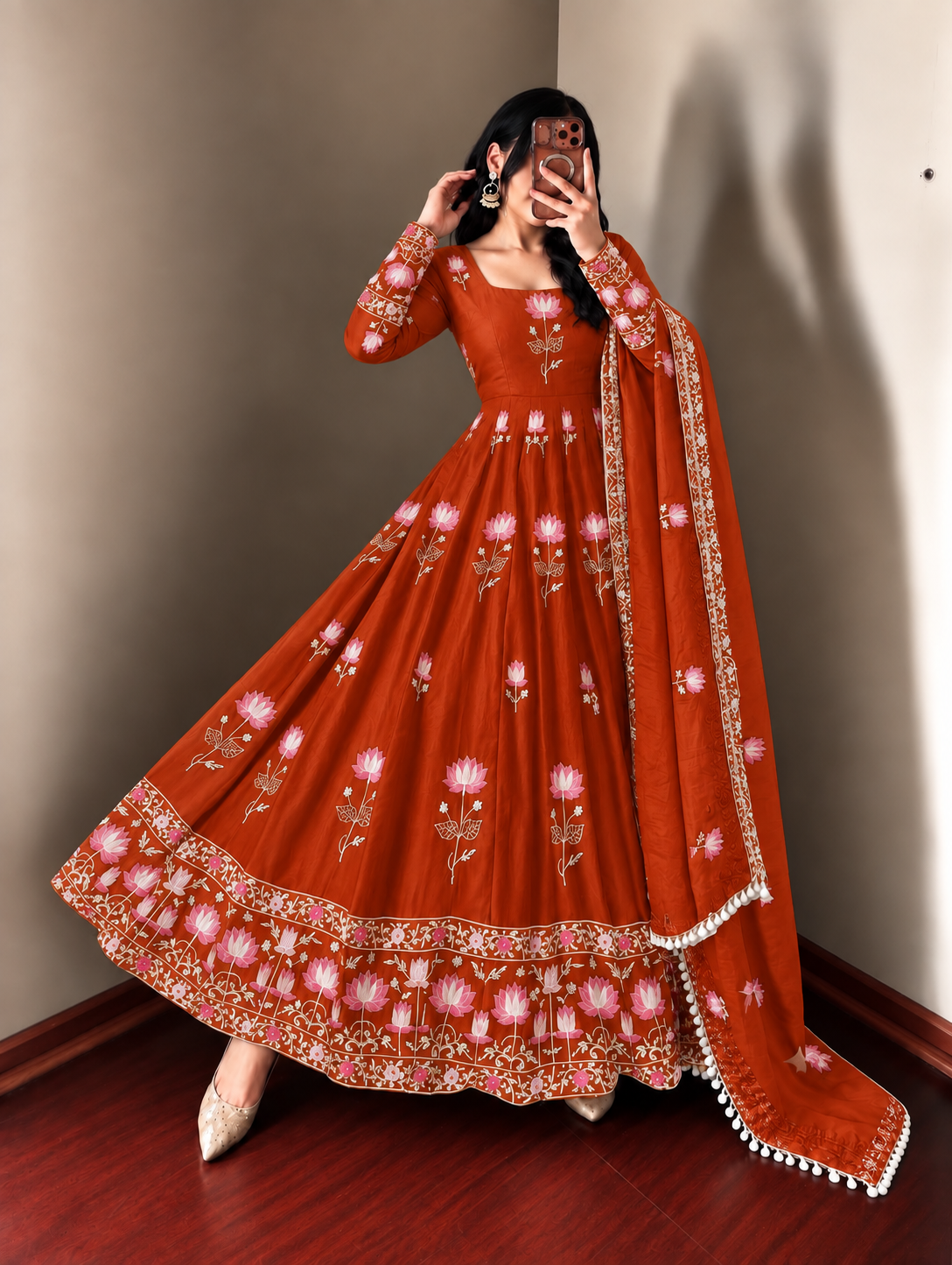 RUST ORANGE FLORAL FENDY SILK BASE EMBROIDERED FLARED ANARKALI SUIT SET
