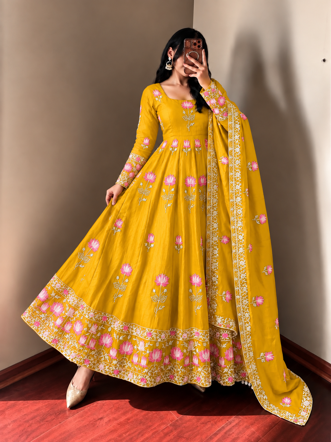 YELLOW FLORAL FENDY SILK BASE EMBROIDERED FLARED ANARKALI SUIT SET
