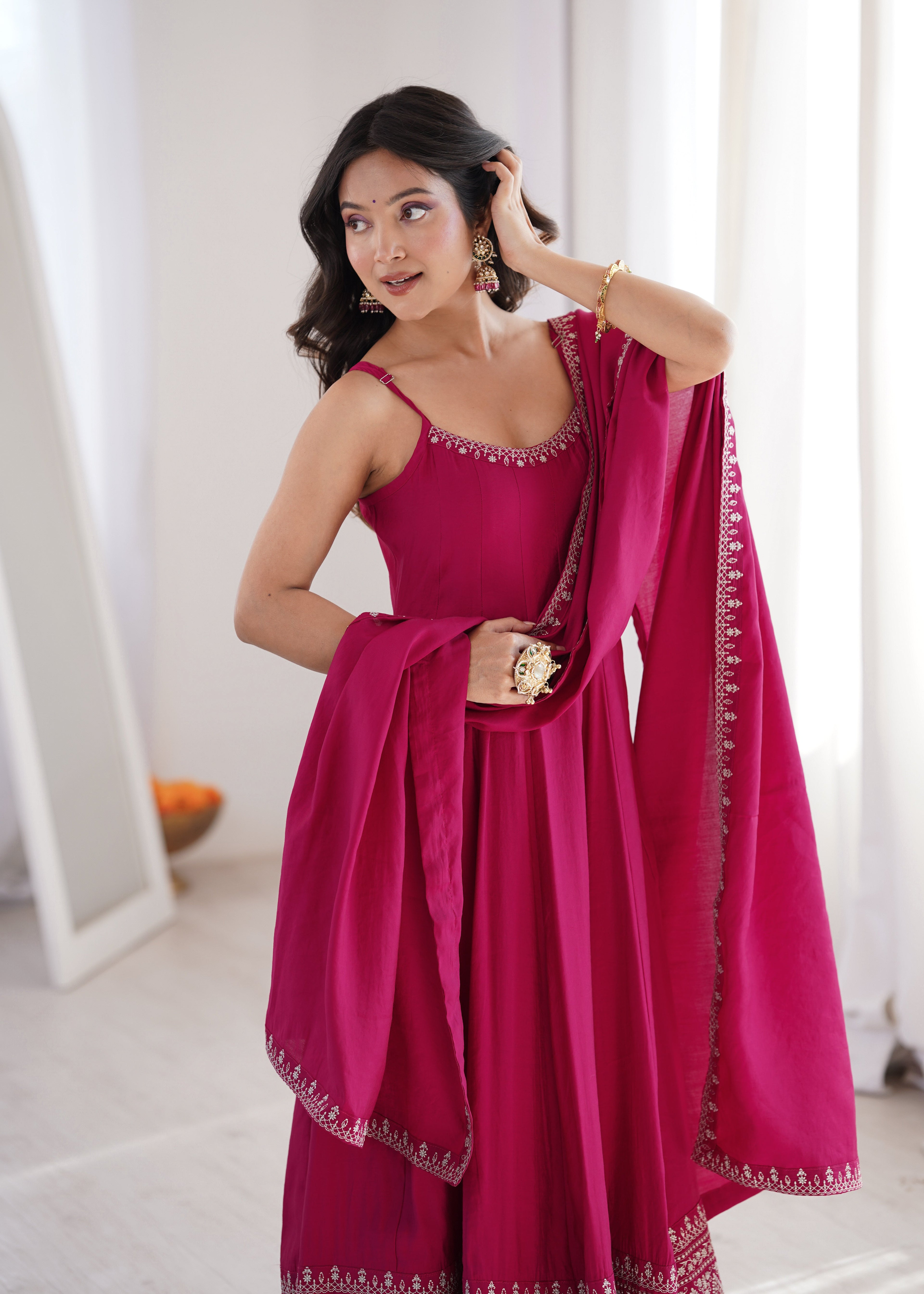 GULBAHAR PINK EMBROIDERED FLARED ANARKALI SUIT SET