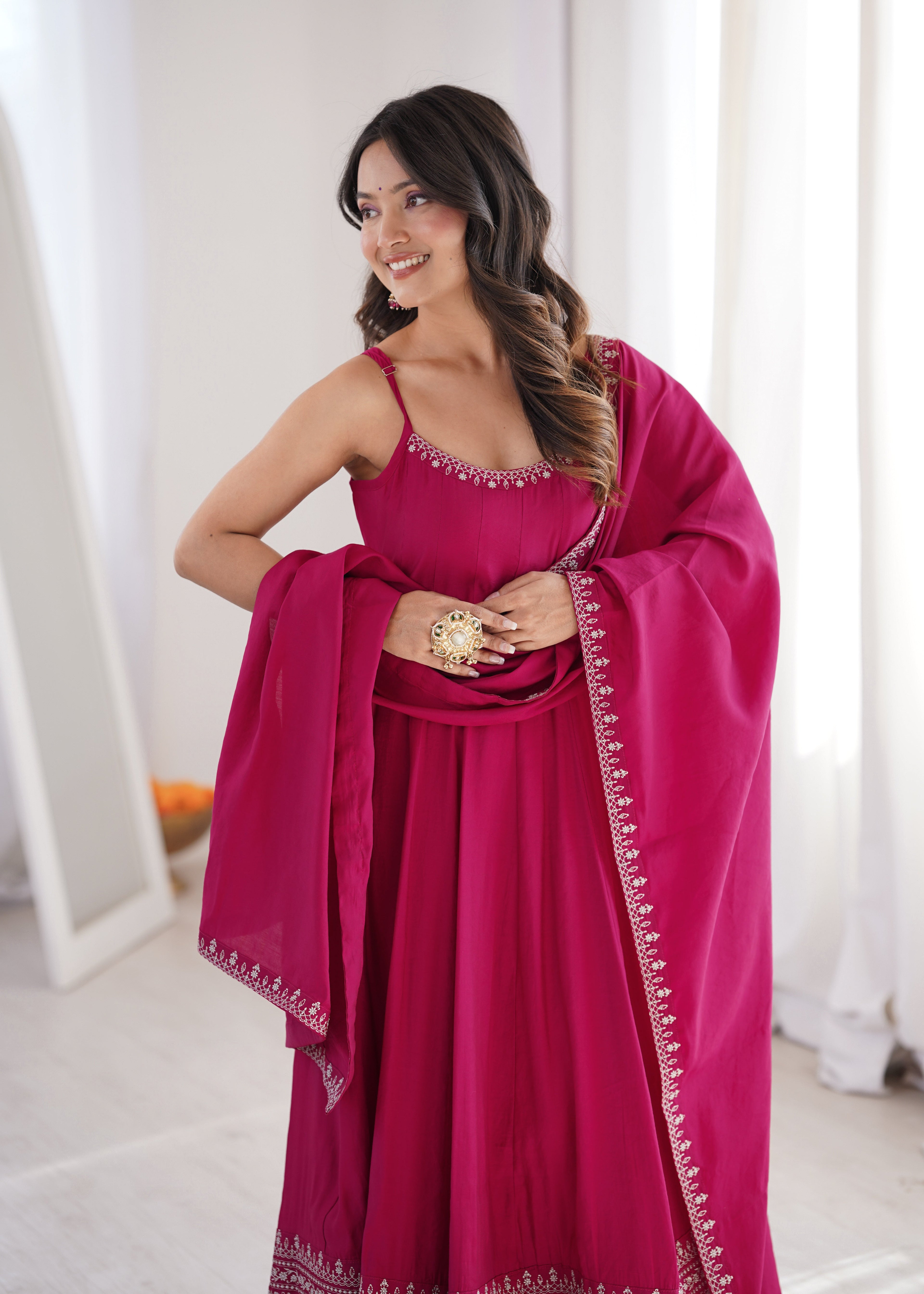 GULBAHAR PINK EMBROIDERED FLARED ANARKALI SUIT SET