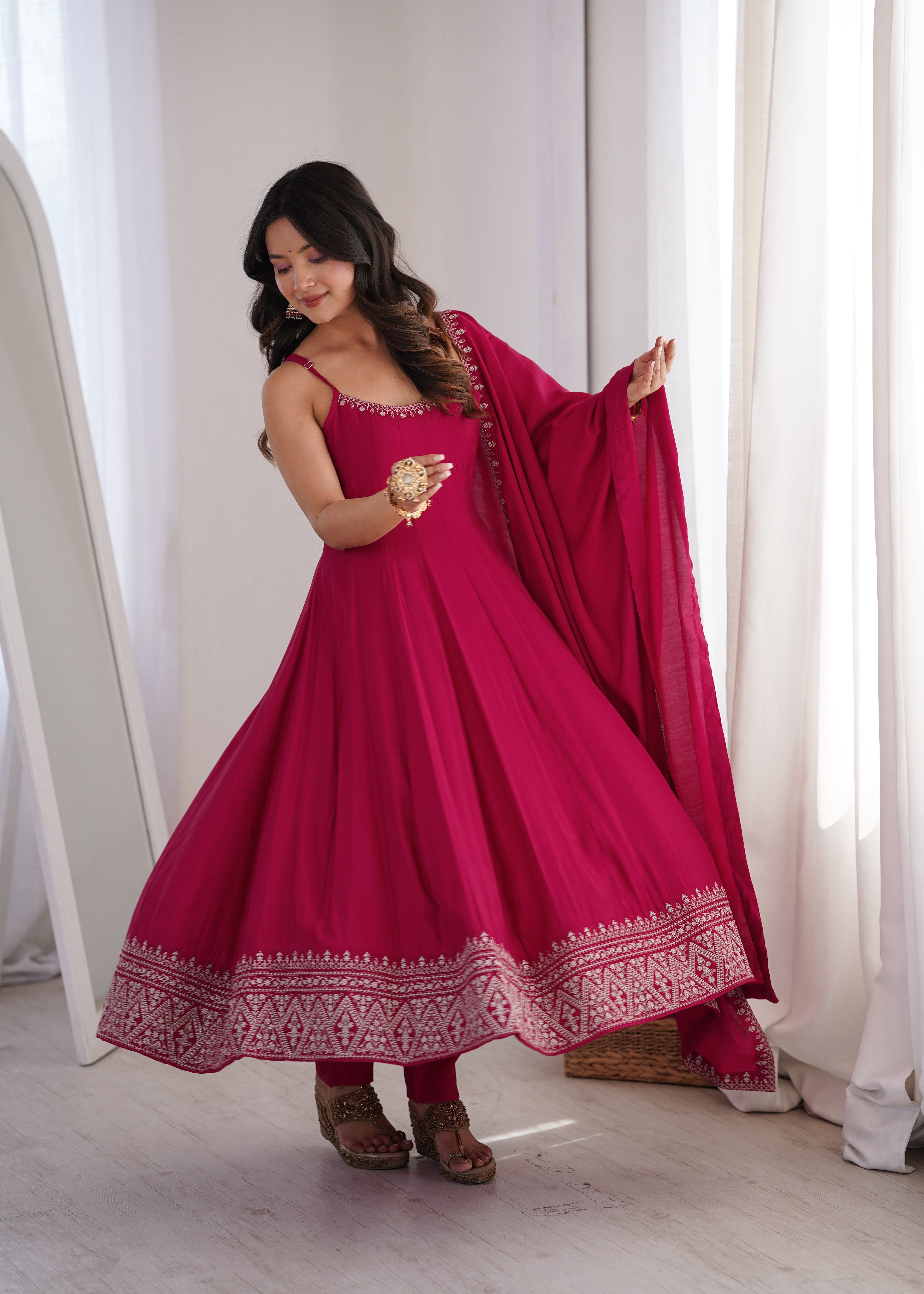 GULBAHAR PINK EMBROIDERED FLARED ANARKALI SUIT SET