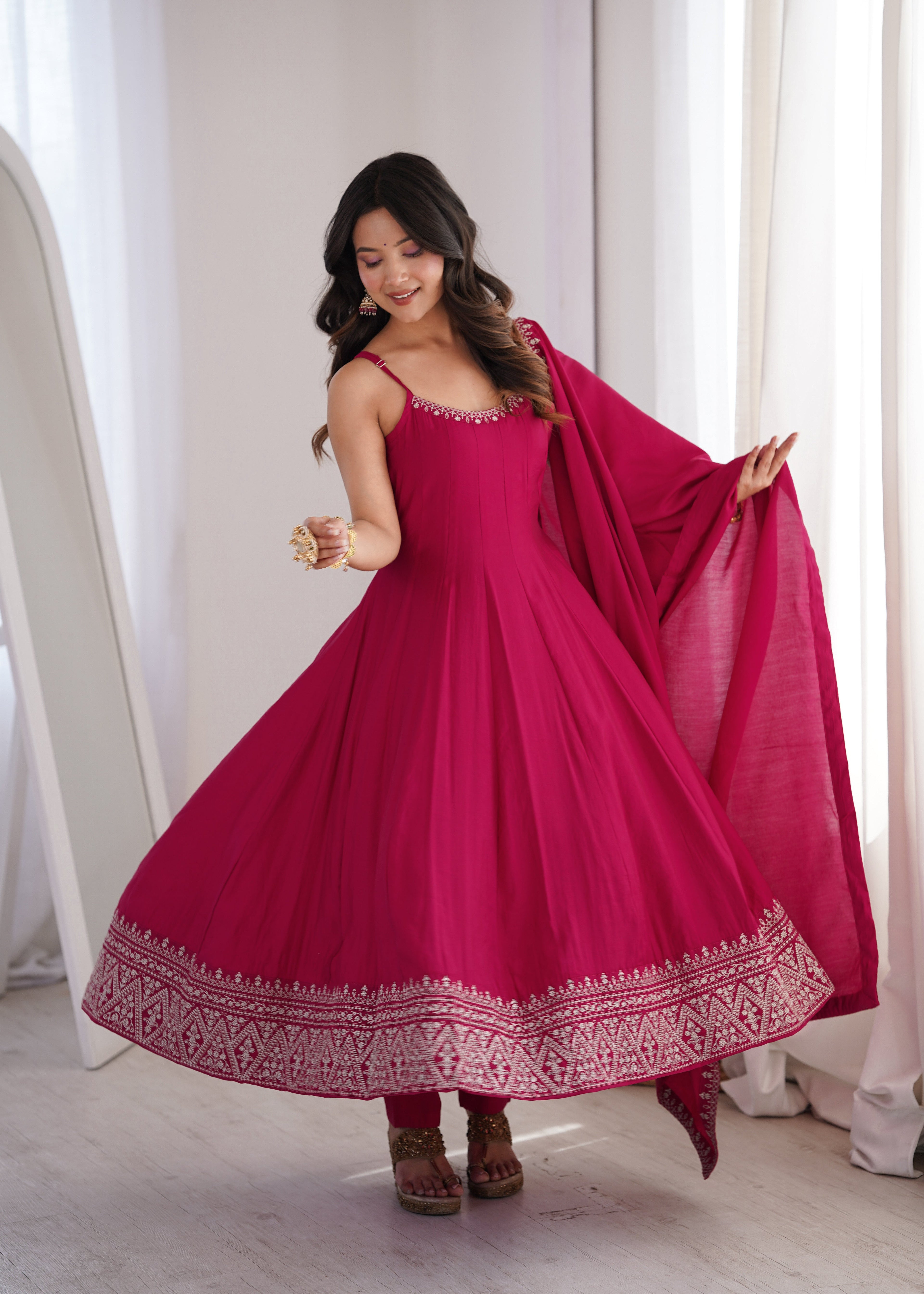 GULBAHAR PINK EMBROIDERED FLARED ANARKALI SUIT SET