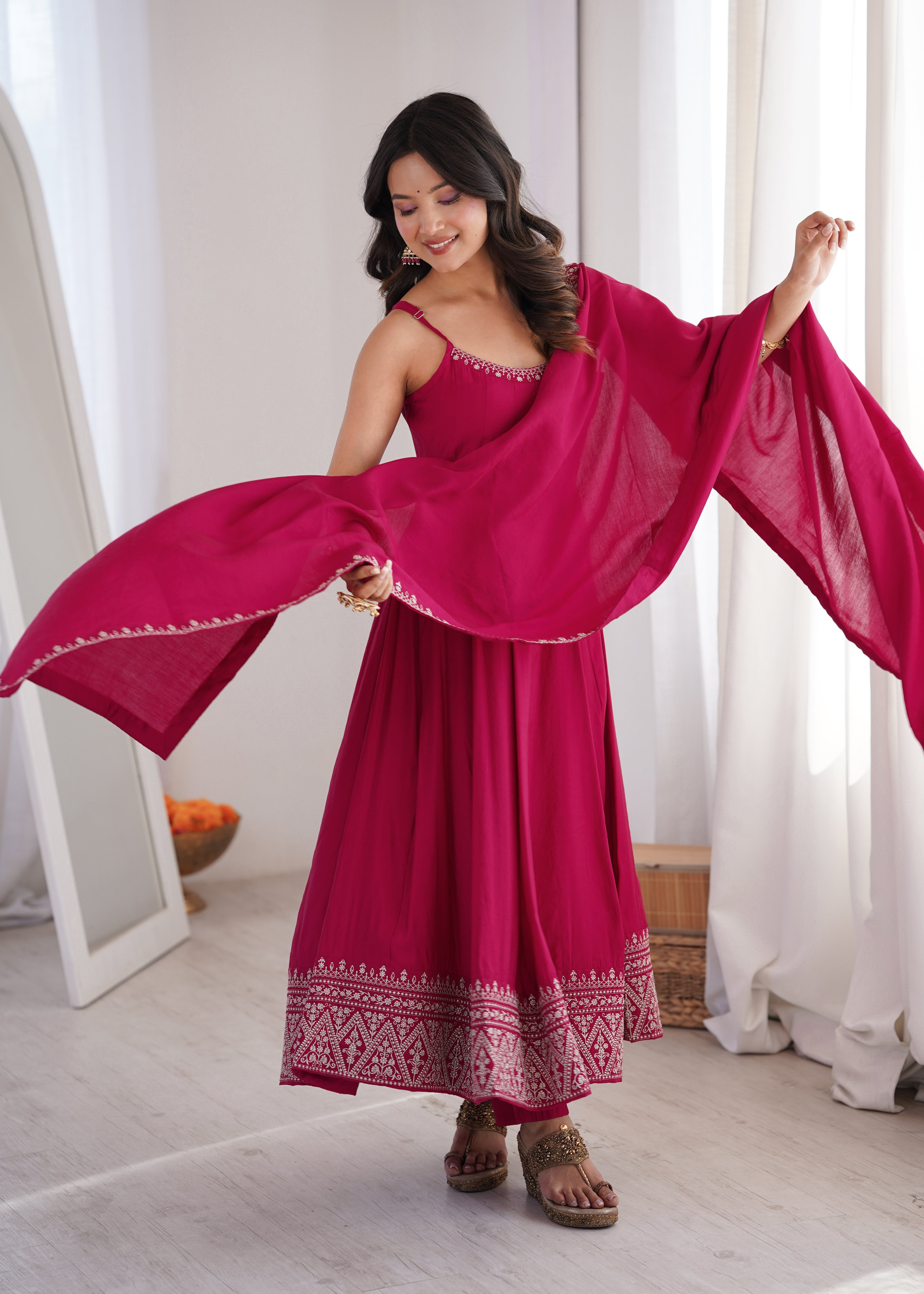 GULBAHAR PINK EMBROIDERED FLARED ANARKALI SUIT SET
