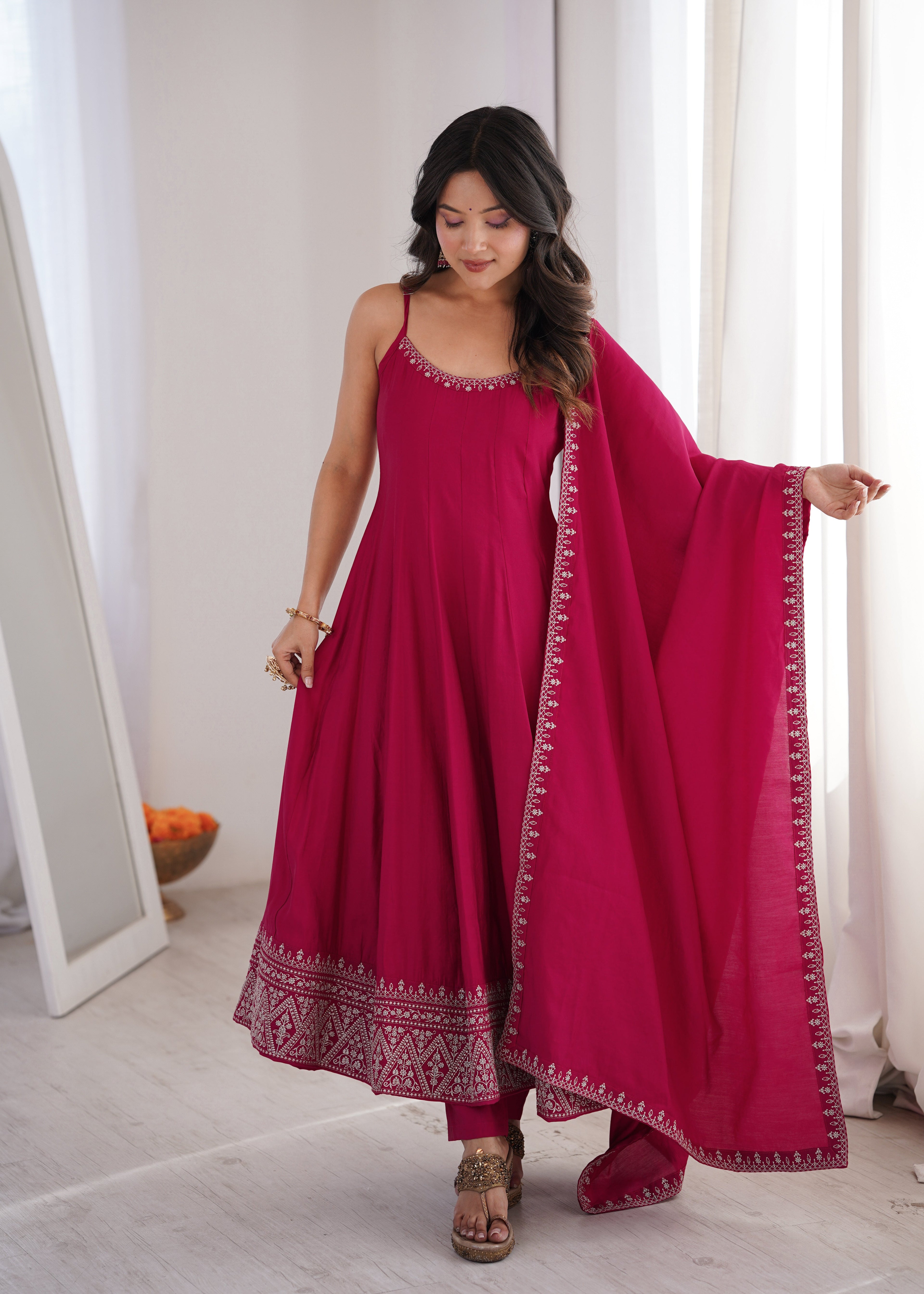 GULBAHAR PINK EMBROIDERED FLARED ANARKALI SUIT SET