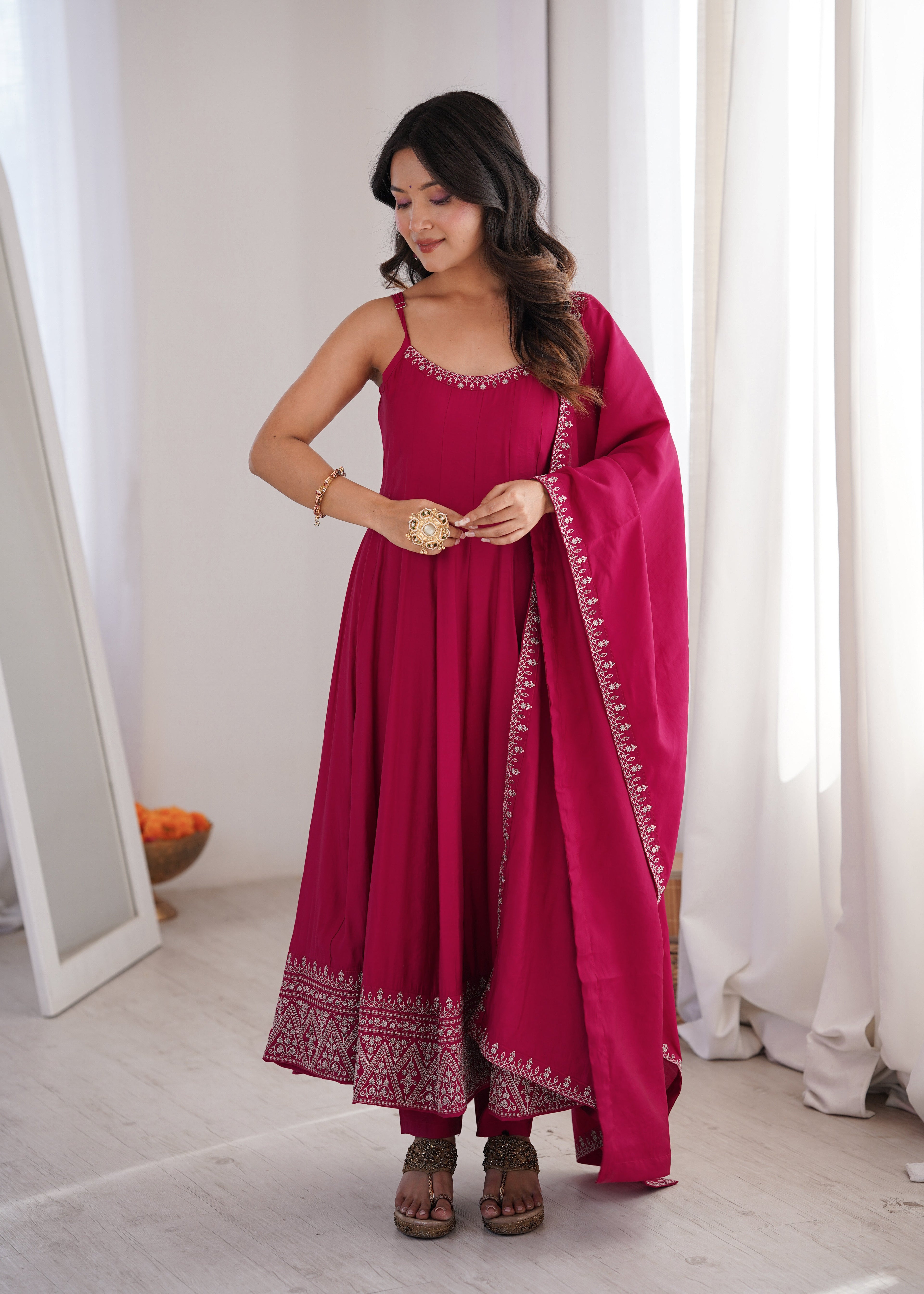 GULBAHAR PINK EMBROIDERED FLARED ANARKALI SUIT SET