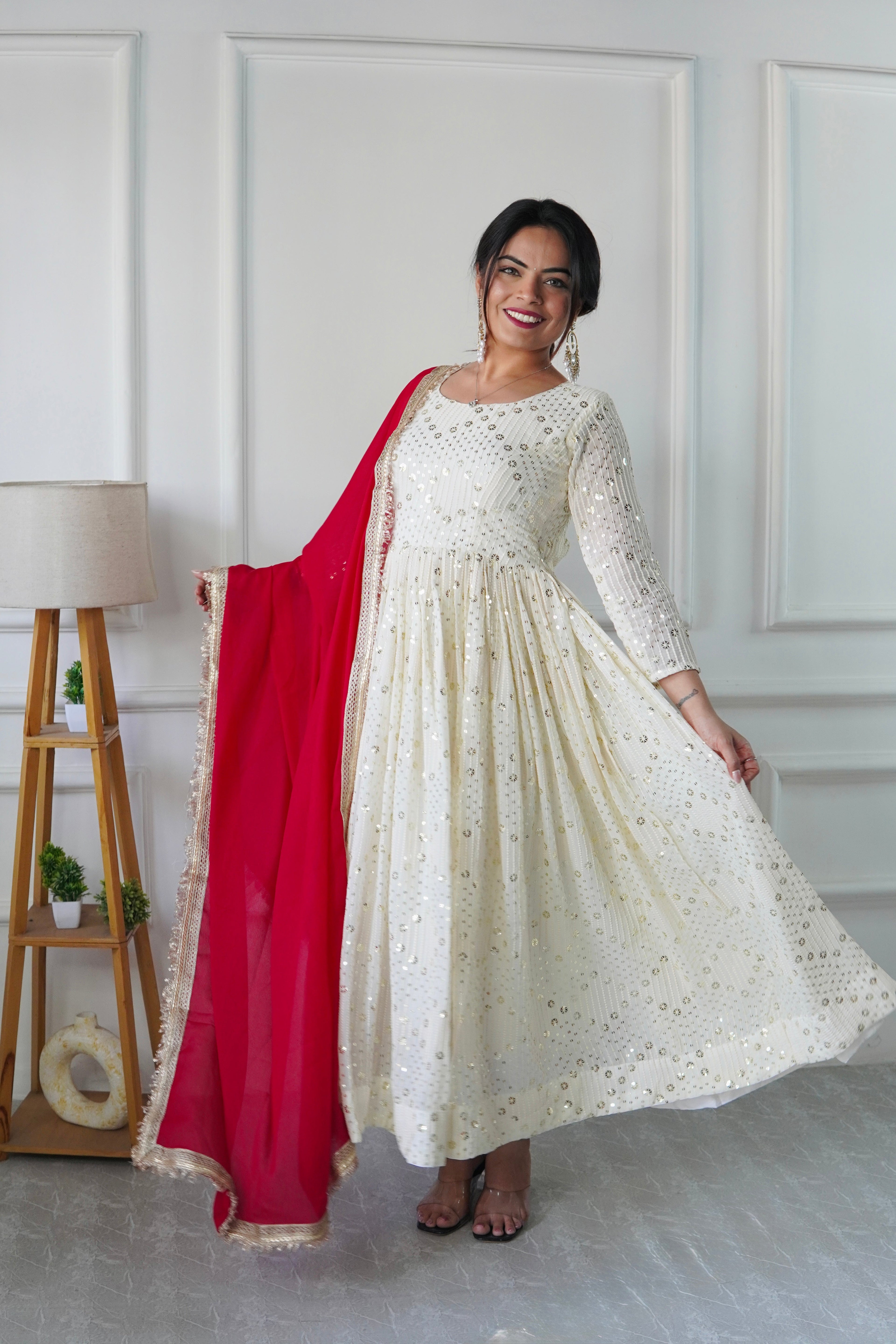 WHITE COLOR DESIGNER LOOK PARTY WEAR ANARKALI GOWN SET OF 3