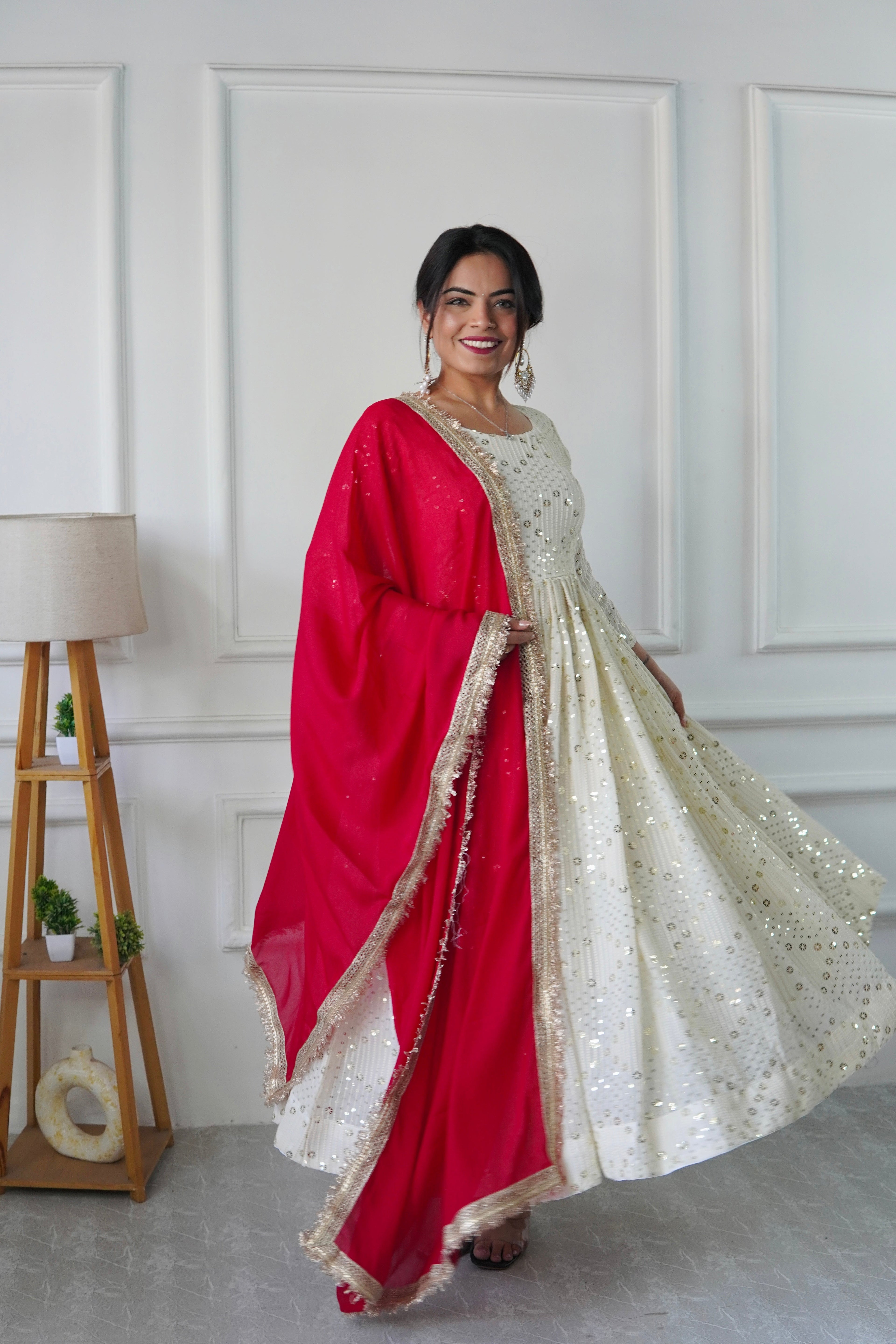 WHITE COLOR DESIGNER LOOK PARTY WEAR ANARKALI GOWN SET OF 3