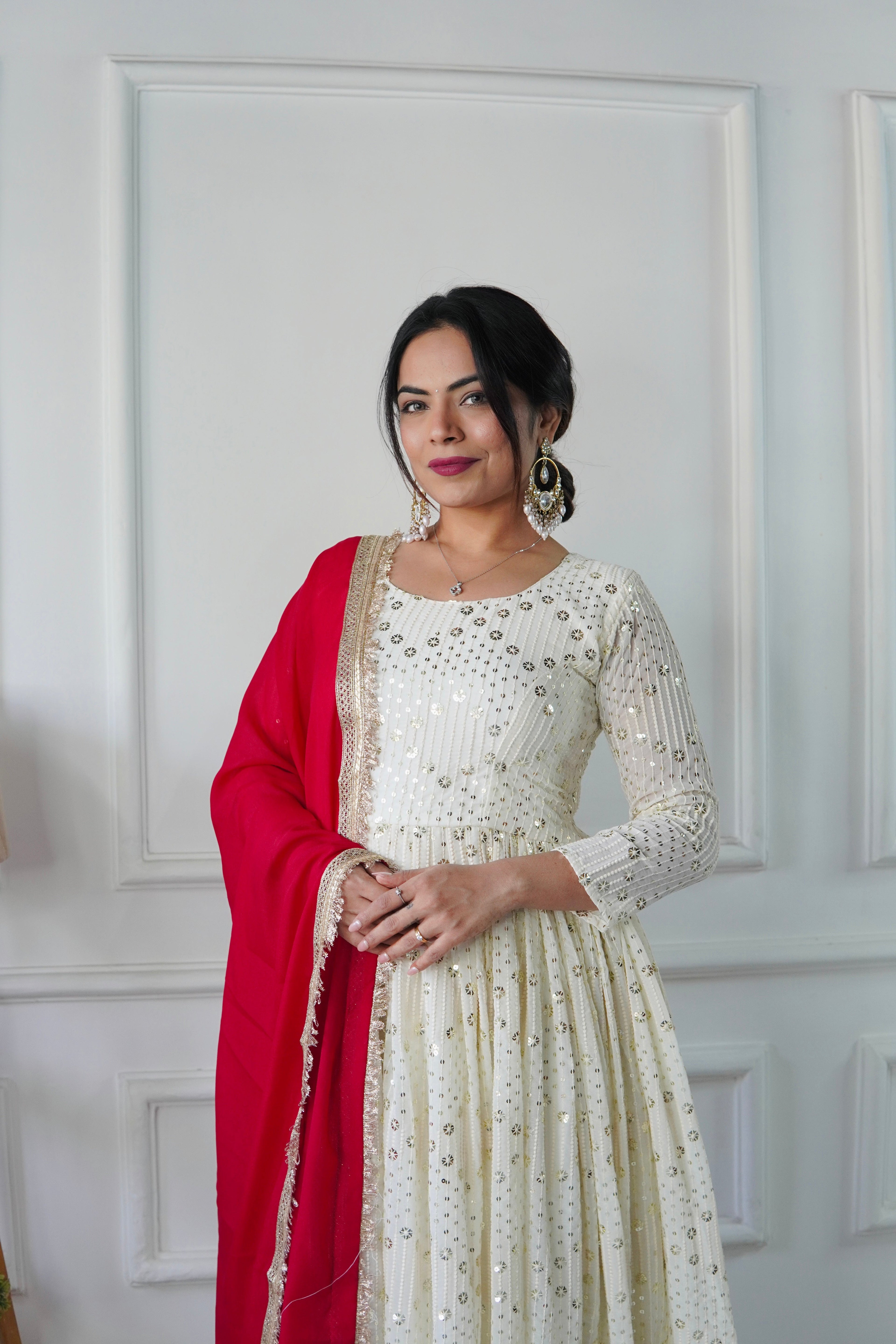 WHITE COLOR DESIGNER LOOK PARTY WEAR ANARKALI GOWN SET OF 3