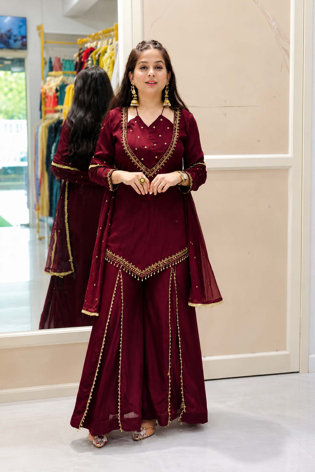 DESIGNER MAROON ROMAN GLASS SILK EMBROIDERED SHARARA SUIT SET