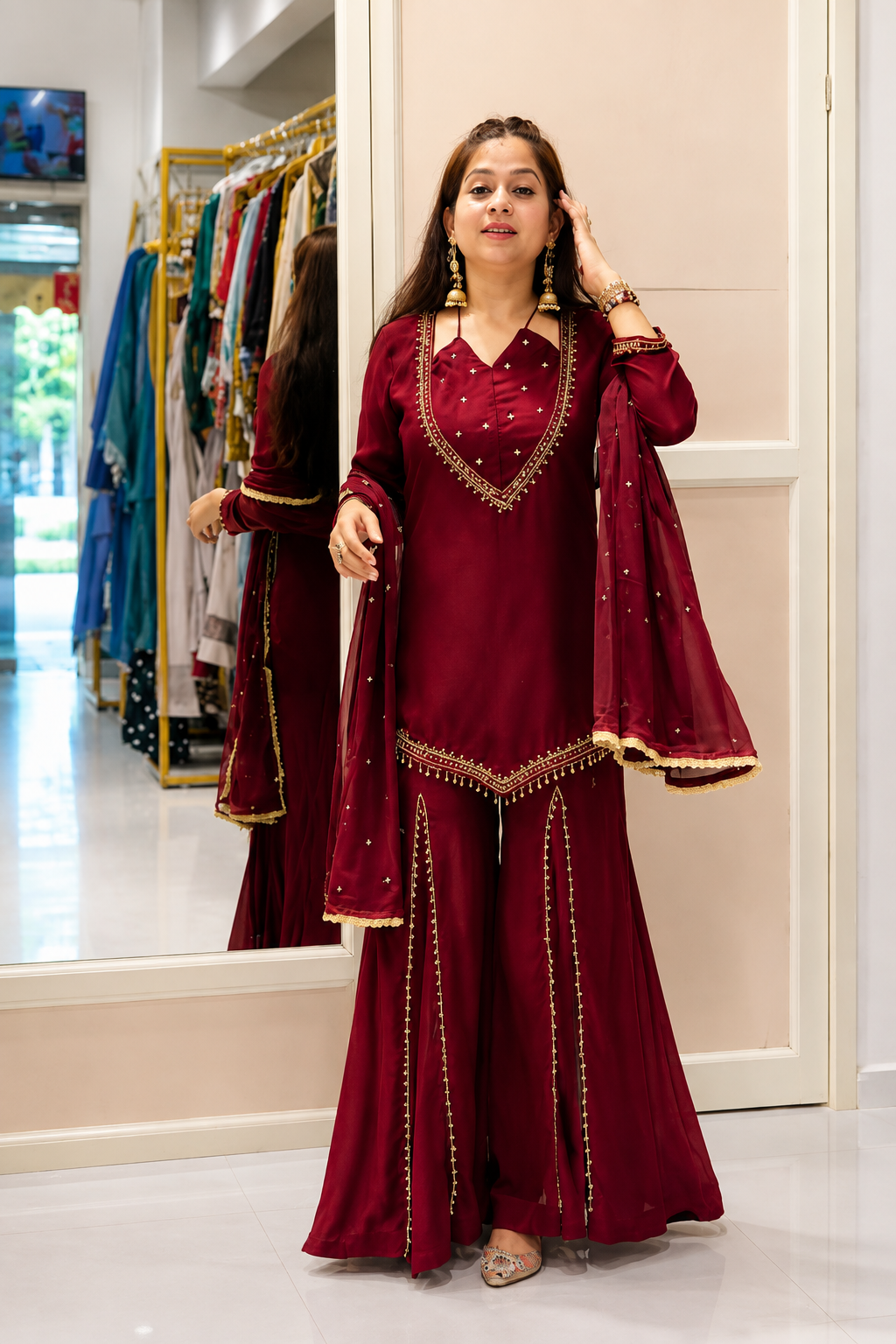 DESIGNER MAROON ROMAN GLASS SILK EMBROIDERED SHARARA SUIT SET