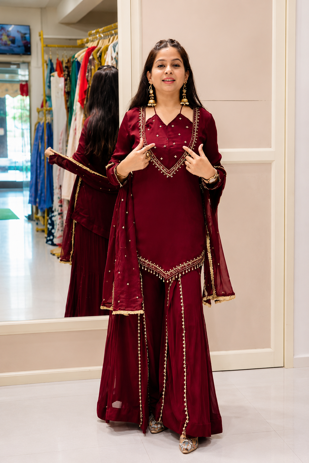 DESIGNER MAROON ROMAN GLASS SILK EMBROIDERED SHARARA SUIT SET