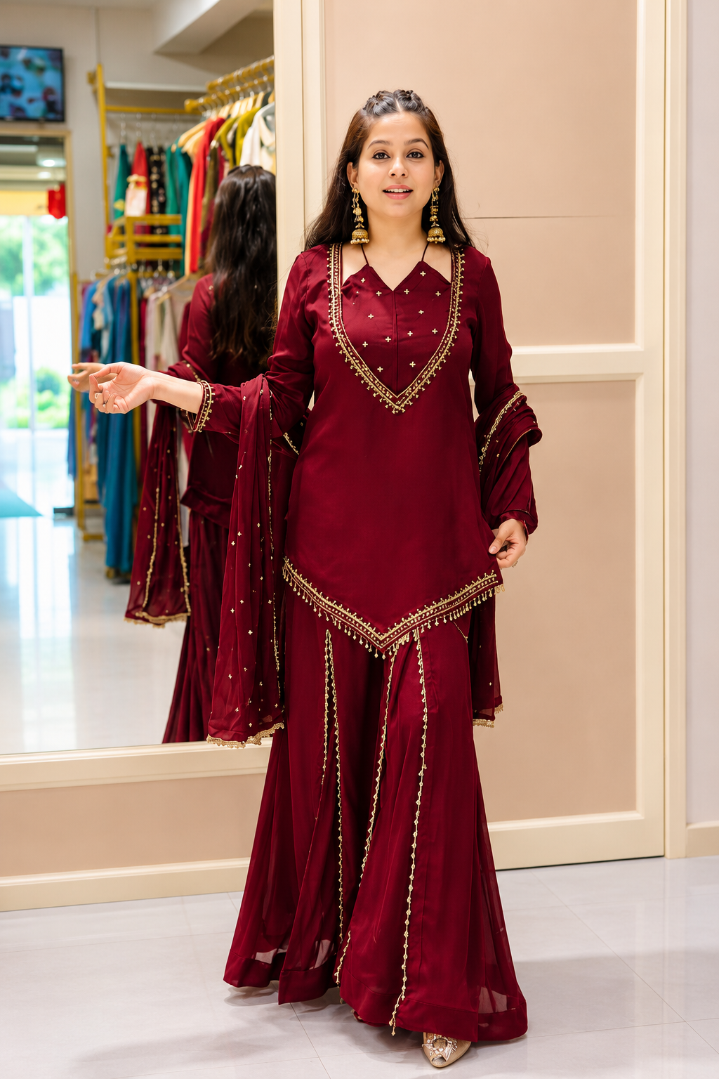 DESIGNER MAROON ROMAN GLASS SILK EMBROIDERED SHARARA SUIT SET