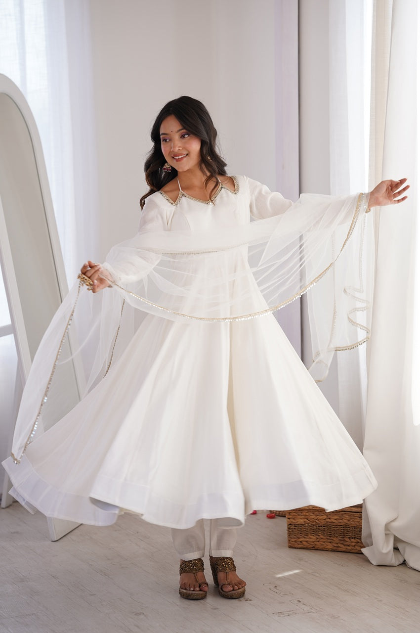 WHITE COLOR FESTIVE ANARKALI SUIT SET OF 3