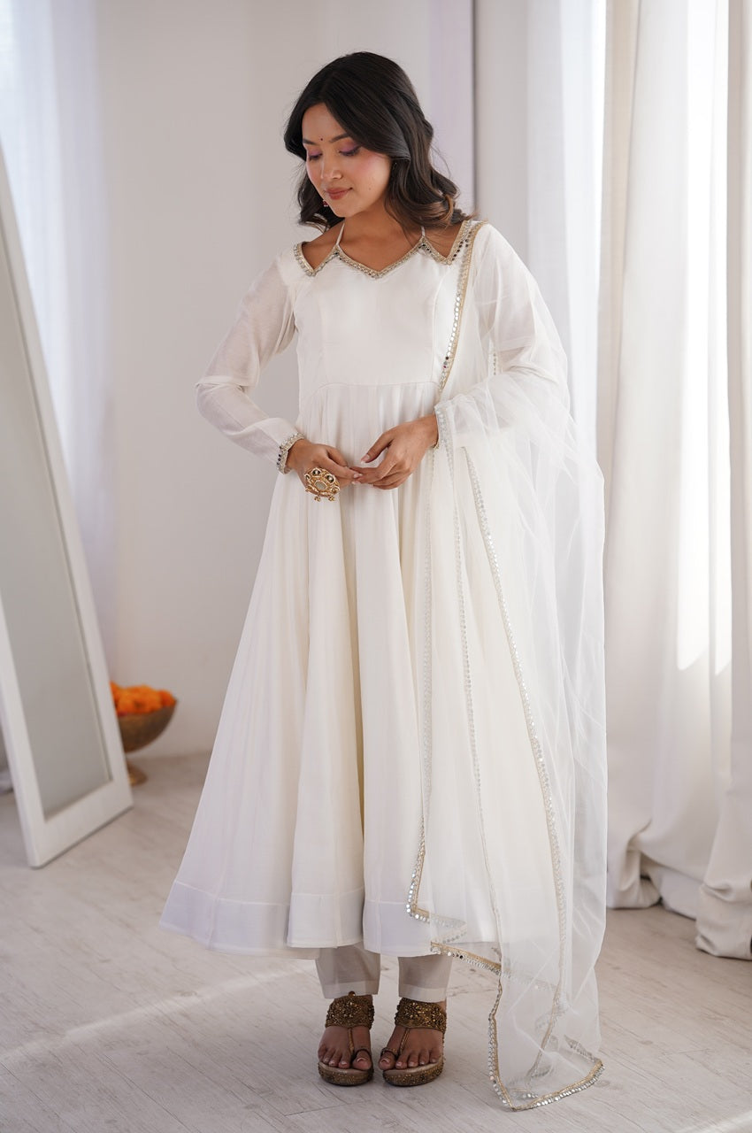WHITE COLOR FESTIVE ANARKALI SUIT SET OF 3