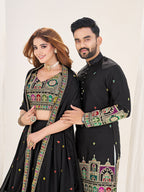 BLACK EMBROIDERED LEHENGA CHOLI & MATCHING MEN'S KURTA SET COMBO