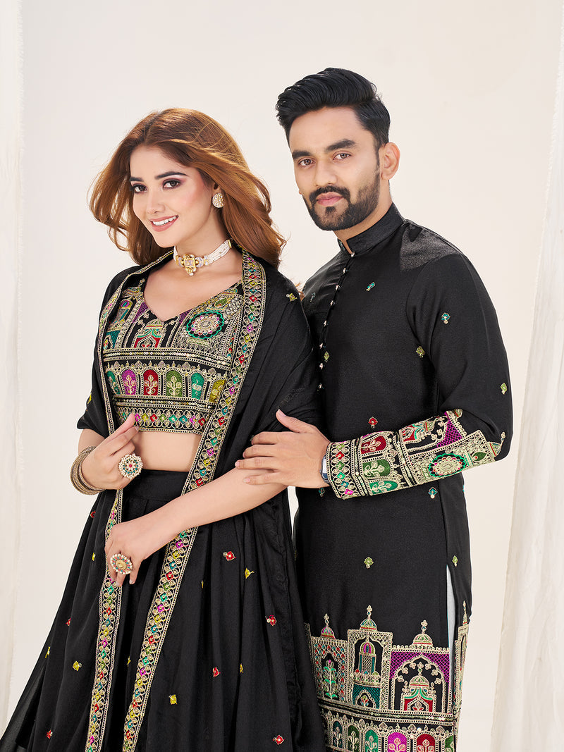 BLACK EMBROIDERED LEHENGA CHOLI & MATCHING MEN'S KURTA SET COMBO