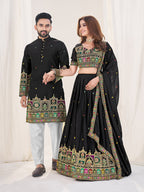 BLACK EMBROIDERED LEHENGA CHOLI & MATCHING MEN'S KURTA SET COMBO