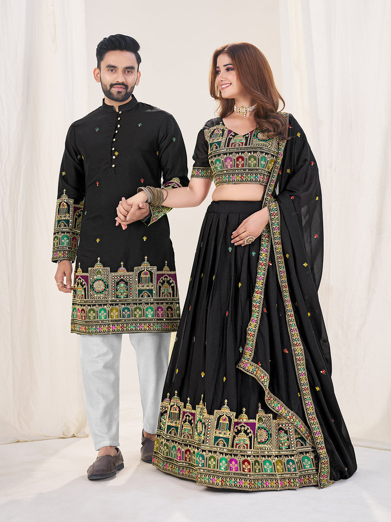 BLACK EMBROIDERED LEHENGA CHOLI & MATCHING MEN'S KURTA SET COMBO