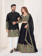 BLACK EMBROIDERED LEHENGA CHOLI & MATCHING MEN'S KURTA SET COMBO