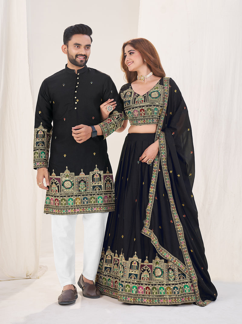BLACK EMBROIDERED LEHENGA CHOLI & MATCHING MEN'S KURTA SET COMBO