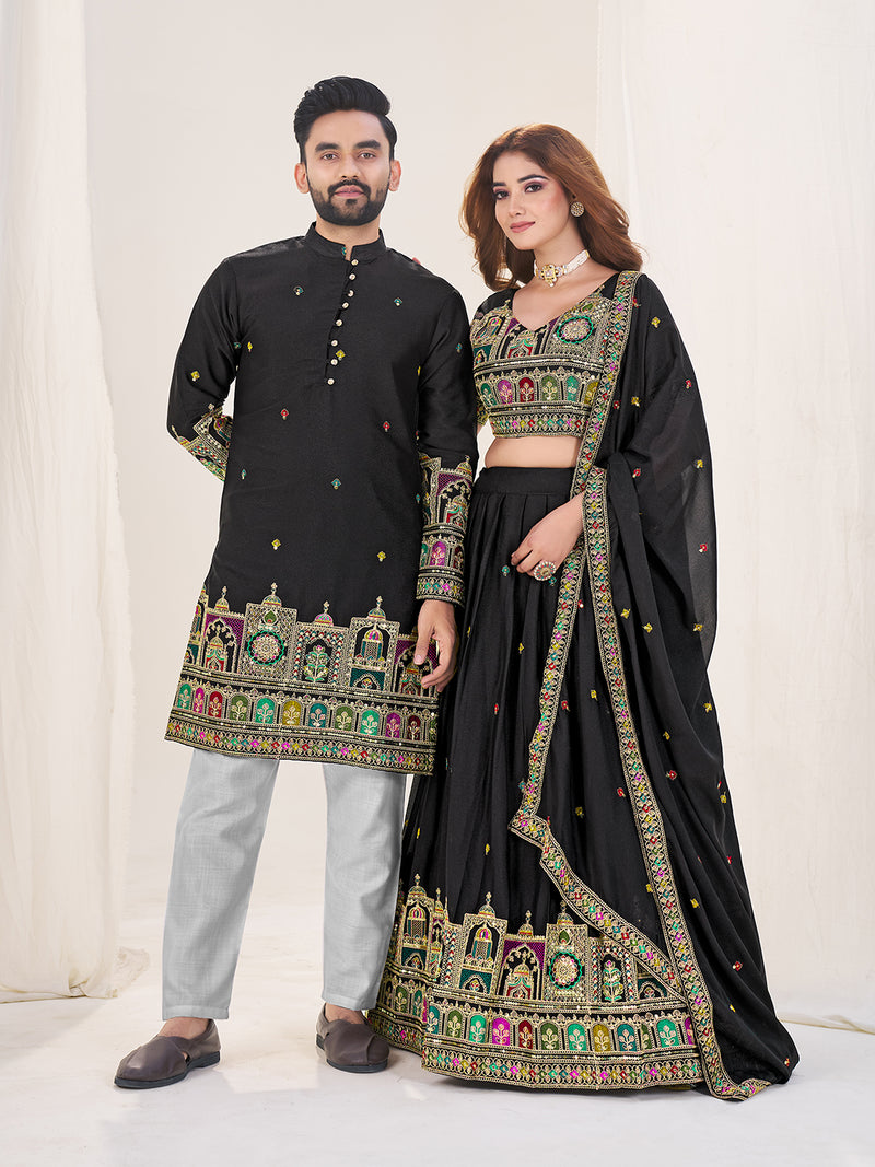 BLACK EMBROIDERED LEHENGA CHOLI & MATCHING MEN'S KURTA SET COMBO
