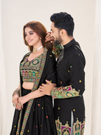BLACK EMBROIDERED LEHENGA CHOLI & MATCHING MEN'S KURTA SET COMBO