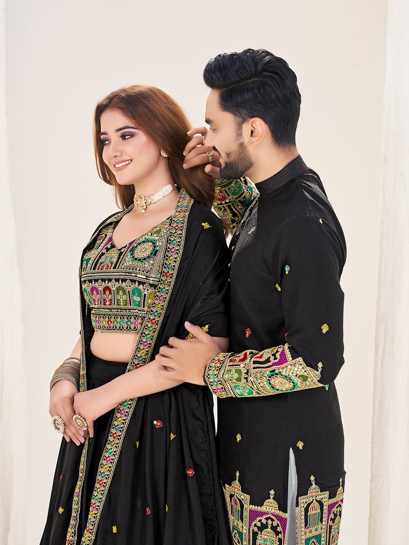 BLACK EMBROIDERED LEHENGA CHOLI & MATCHING MEN'S KURTA SET COMBO