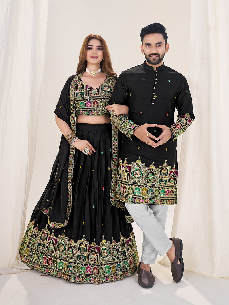 BLACK EMBROIDERED LEHENGA CHOLI & MATCHING MEN'S KURTA SET COMBO