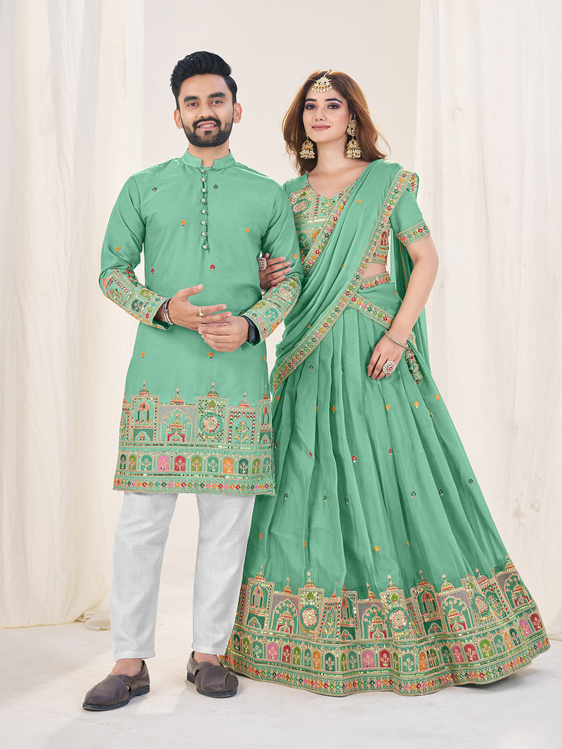 SEA GREEN EMBROIDERED LEHENGA CHOLI & MATCHING MEN'S KURTA SET COMBO