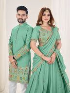 SEA GREEN EMBROIDERED LEHENGA CHOLI & MATCHING MEN'S KURTA SET COMBO