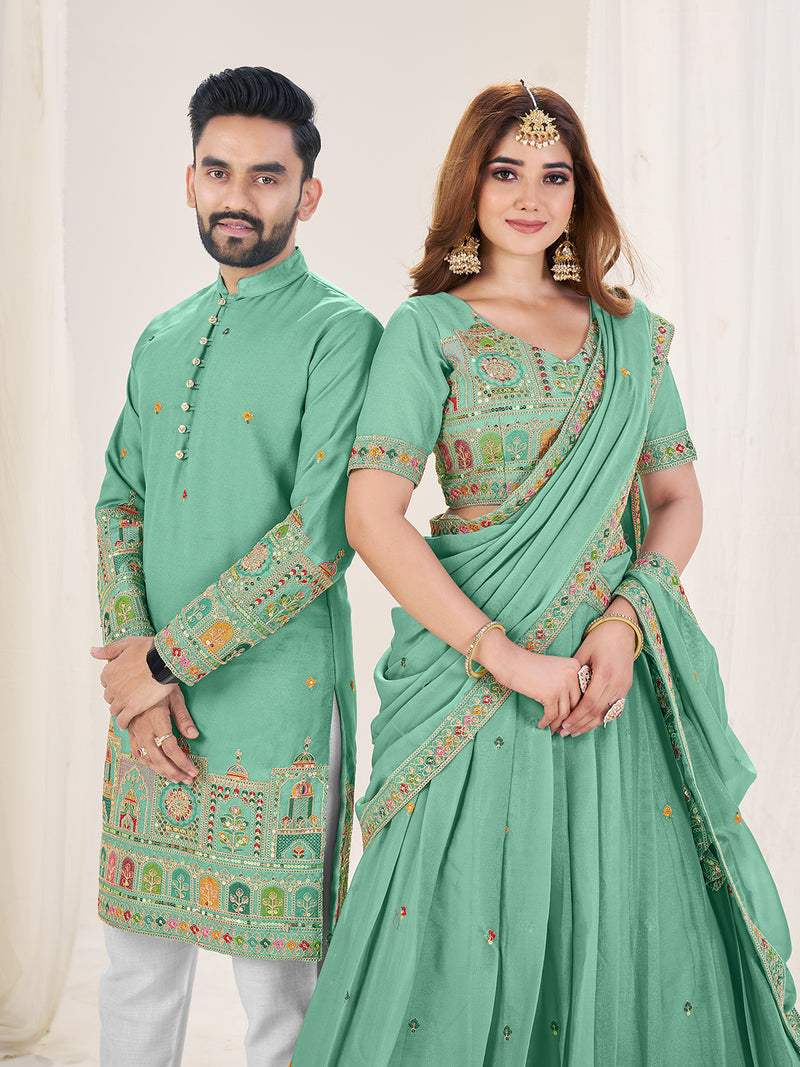 SEA GREEN EMBROIDERED LEHENGA CHOLI & MATCHING MEN'S KURTA SET COMBO