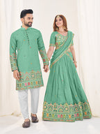 SEA GREEN EMBROIDERED LEHENGA CHOLI & MATCHING MEN'S KURTA SET COMBO